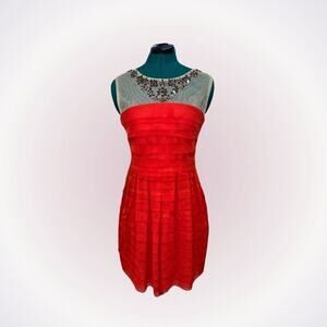 Jolie Moi red tiered mesh dress with embellished top | US 6 (EU 10)